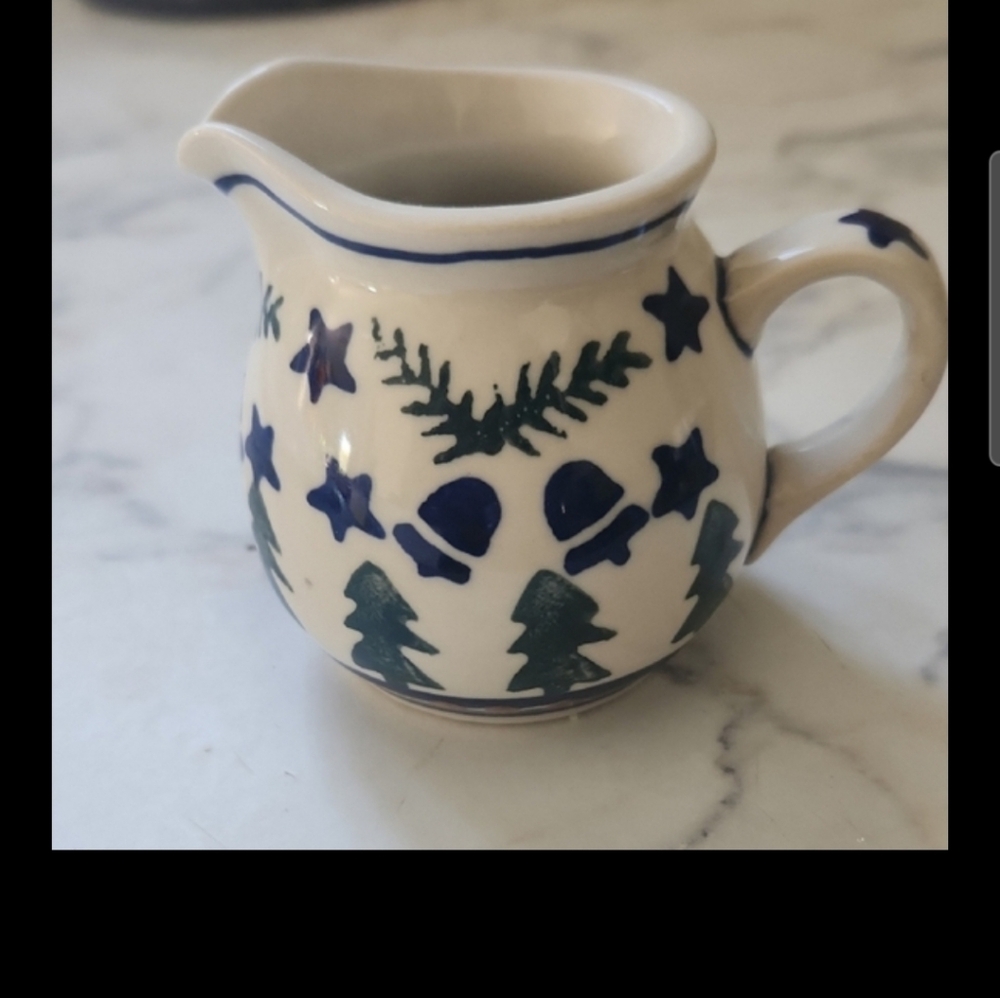 Polish Pottery Handcrafted Ceramic Pitcher with Blue and Green Design 3x 2